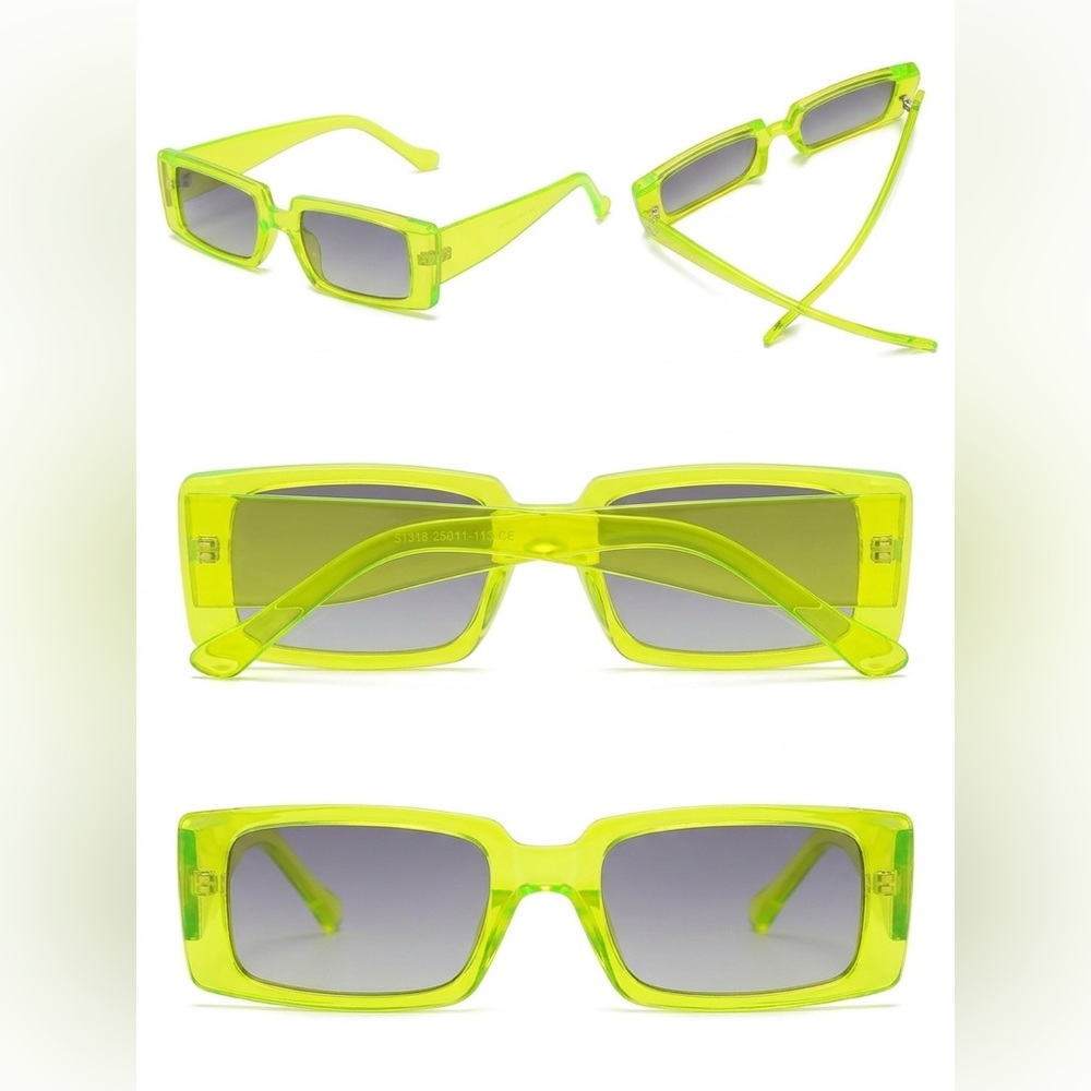 Y2K Neon Lime Rectangular Sunglasses - Transparent Frame, Gradient Lenses